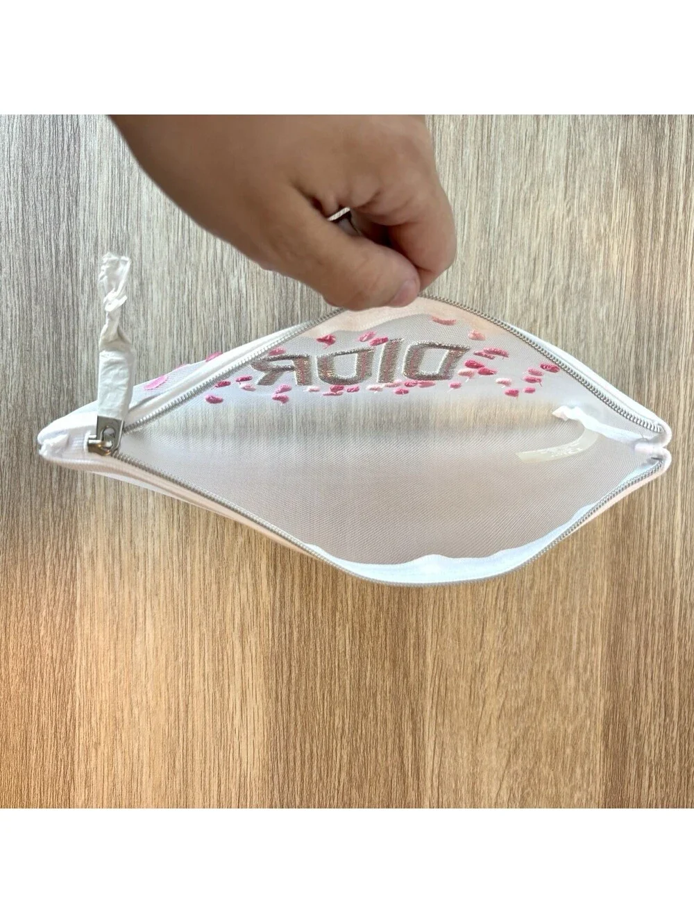 Dior White Mesh Makeup Bag Pouch, Embroidered Pink/Red Petals, Limited Edition